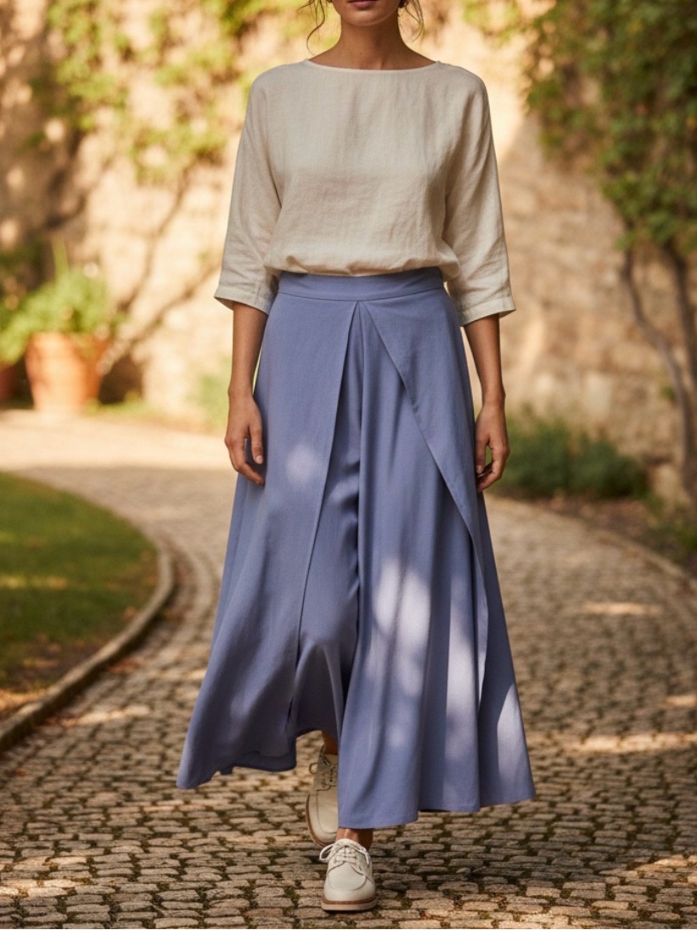 Easel Blue grey Linen Stretchy Waist Wide leg Tulip pants